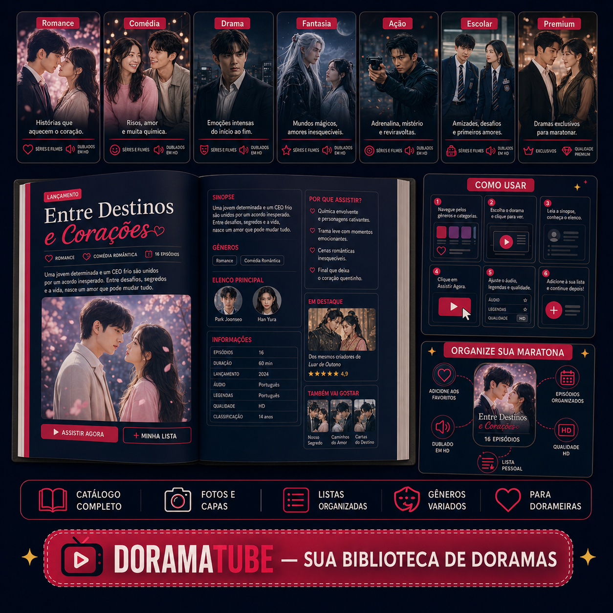 Mockup interno com catálogo aberto, lista de doramas, categorias, capa do dorama, sinopse, gênero, país, idioma, qualidade e botão de acesso